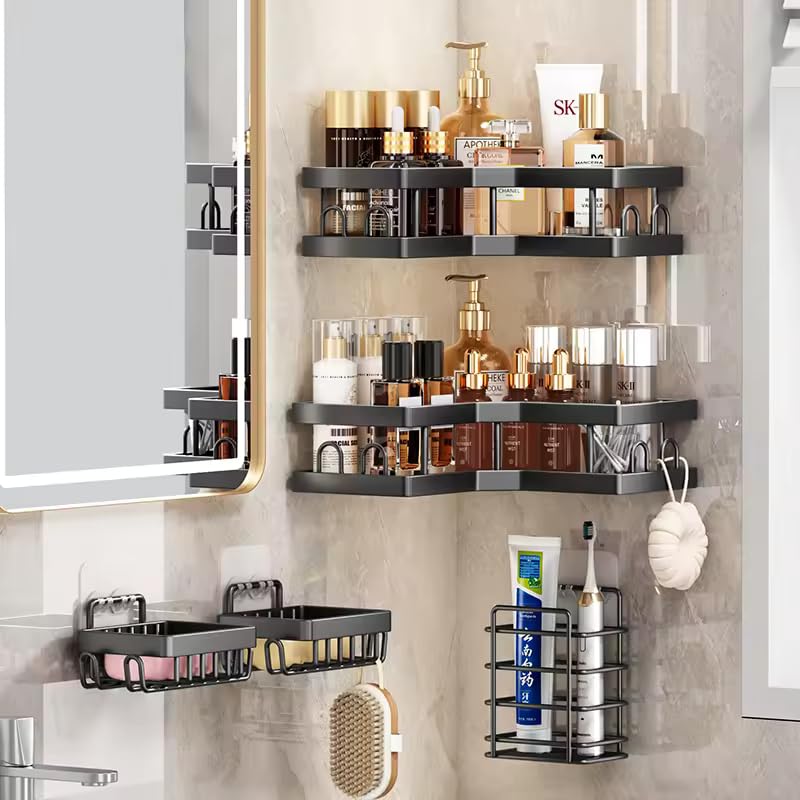IQRA 5Pcs Self Adhesive Corner Stainless Steel Shelf for Bathroom, Adhesive Shelf for Kitchen with Magic Sticker,Bathroom Organizer Without Drill for Bathroom Storage & Home Decor (White) (5)