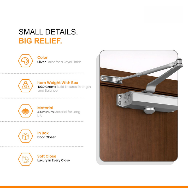 Automatic Hydraulic Door Closer – Premium Heavy Duty Aluminium Body, Double Speed Adjustable, 45–50kg Load Capacity, for Home, Office & Commercial Doors (Silver, No Oil Leakage)