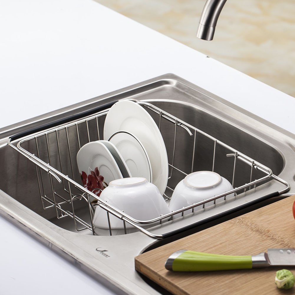 IQRA Adjustable Over Sink Dish Drying Rack Stainless Steel Dish Drainer, On Counter or In Sink Dish Rack, Deep and Large- Rustproof