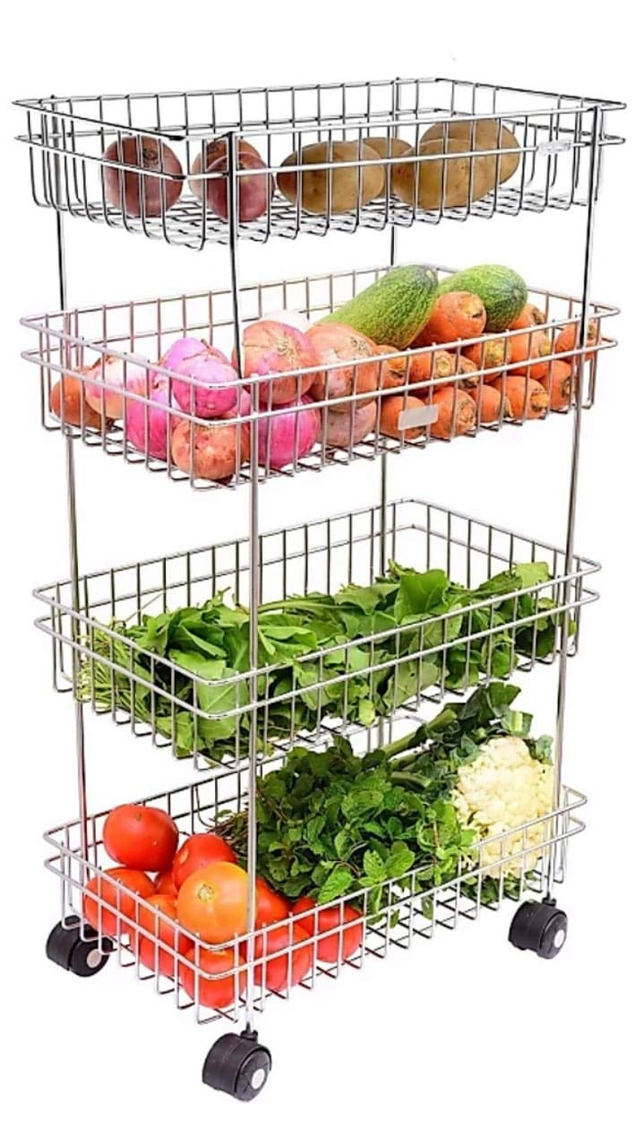 IQRA Multipurpose Stainless Steel Portable Kitchen Trolley Storage Rack with Wheels for Kitchen Storage, Vegetable
