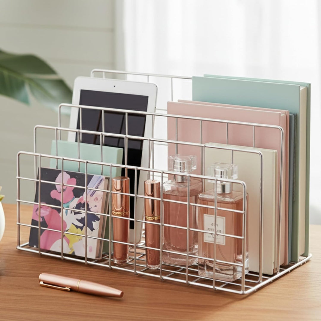 IQRA Organizer Magazine File Holder Modern Desk, 3 Slot Modern Magazine Holder Stand for Table Desk Home File Stand Decor File Storage for Office (Silver)