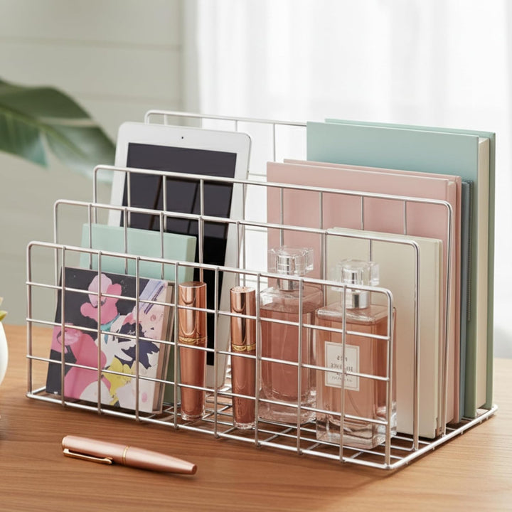 IQRA Organizer Magazine File Holder Modern Desk, 3 Slot Modern Magazine Holder Stand for Table Desk Home File Stand Decor File Storage for Office (Silver)