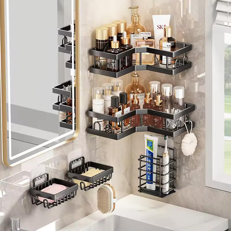 IQRA 5Pcs Self Adhesive Corner Stainless Steel Shelf for Bathroom, Adhesive Shelf for Kitchen with Magic Sticker,Bathroom Organizer Without Drill for Bathroom Storage & Home Decor (White) (5)