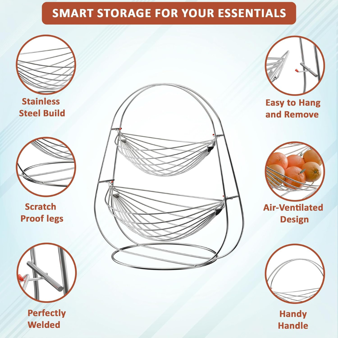 IQRA Stainless Steel 2 Tier Oval Swing Fruit and Vegetable Basket | Countertop Onion Potato Rack for Kitchen/Pantry | Fruit Basket for Dining Table | Vegetable Storage Stand | Silver