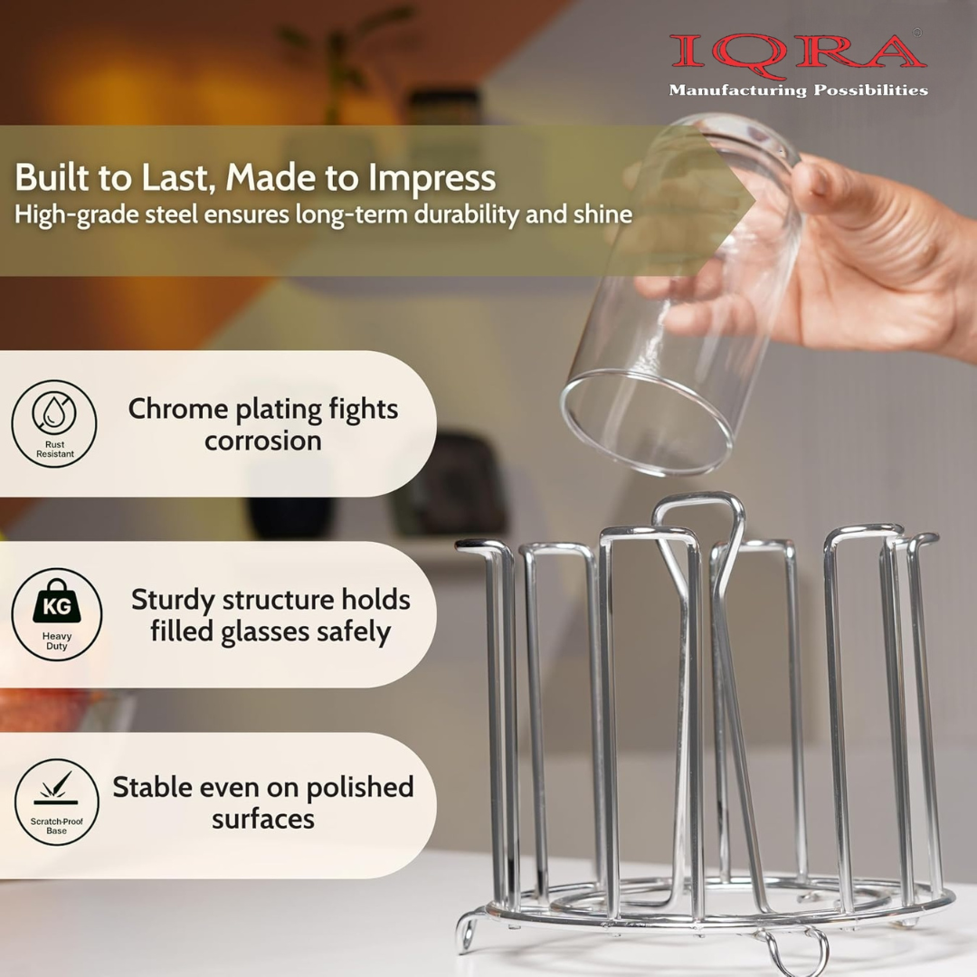 IQRA Stainless Steel Glass Holder for 6 Glasses, Glass Stand Steel for Dining Table/Kitchen, Tumbler Holder, Pull-Out Countertop Shelves Heavy Duty - SILVER