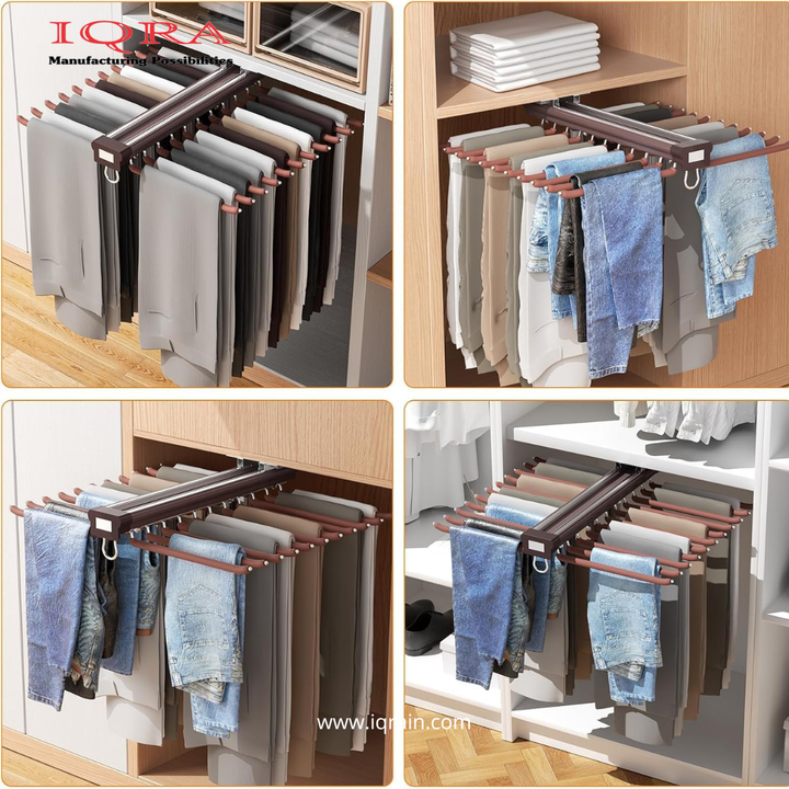 IQRA Grey 18inch Double Side Sliding Pull Out Pants Hangers Rack for Closet Wardrobe & Cabinet - Steel 10 Arm Wide Rows Trousers Pants Hanger,Space Saving Organizer, Clothe Hanger,Multipurpose Hanger(Brown-Pack of 1)