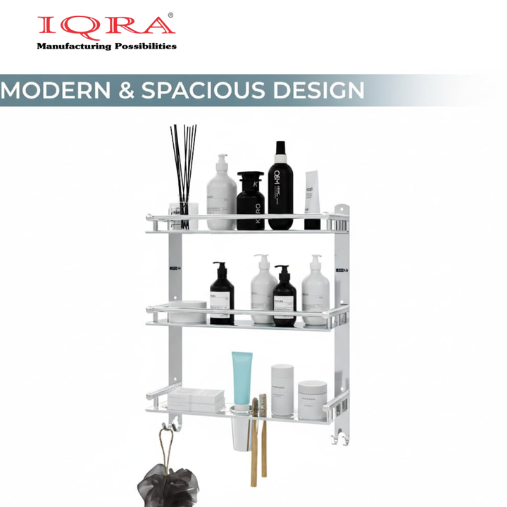 IQRA Stainless Steel 3 Layer/3 Tier Multipurpose Bathroom Shelf/Rack/Organizer/Stand/Holder with Double Soap Dish and Toothbrush Holder Tumbler Bathroom Accessories