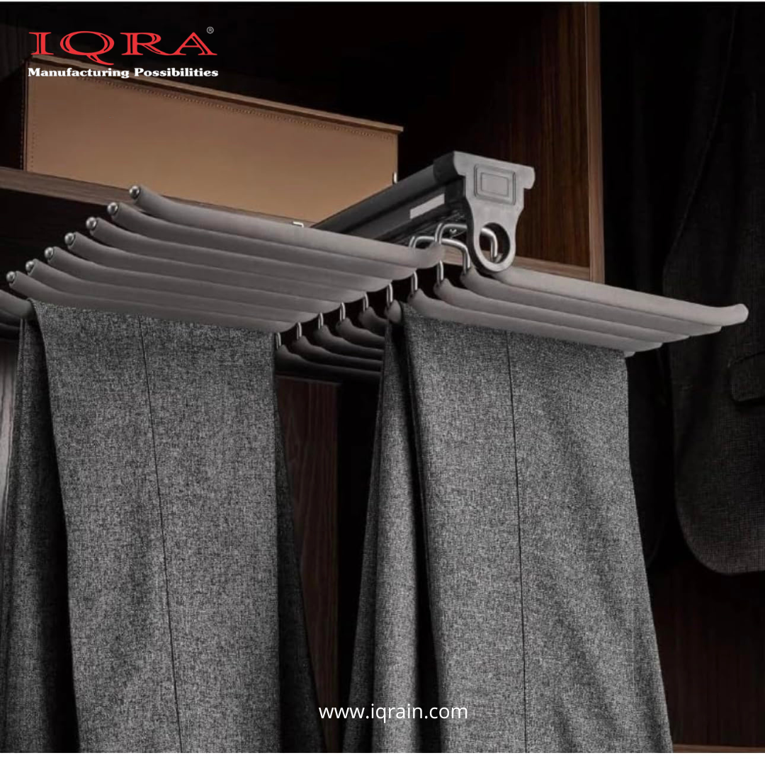 IQRA Grey 18inch Double Side Sliding Pull Out Pants Hangers Rack for Closet Wardrobe & Cabinet - Steel 10 Arm Wide Rows Trousers Pants Hanger,Space Saving Organizer, Clothe Hanger,Multipurpose Hanger(Brown-Pack of 1)