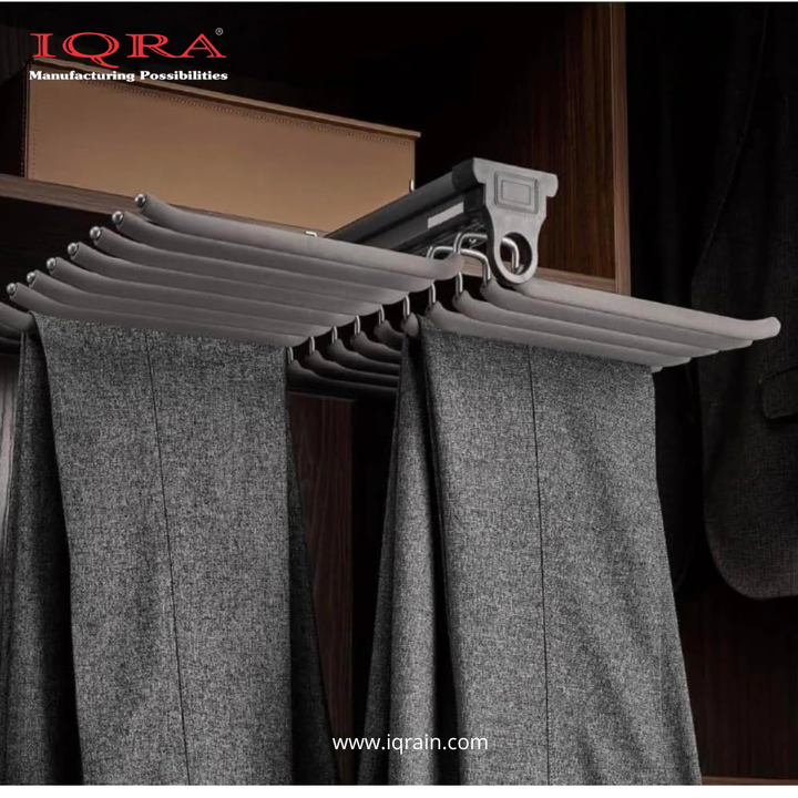 IQRA Grey 18inch Double Side Sliding Pull Out Pants Hangers Rack for Closet Wardrobe & Cabinet - Steel 10 Arm Wide Rows Trousers Pants Hanger,Space Saving Organizer, Clothe Hanger,Multipurpose Hanger(Brown-Pack of 1)