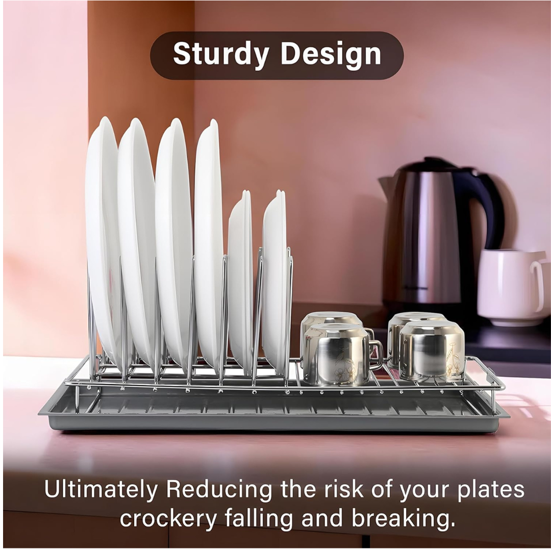 IQRA Stainless Steel Glass & Plate Stand for Kitchen | Crockery Rack Organizer With Draining Tray Included - Silver & White