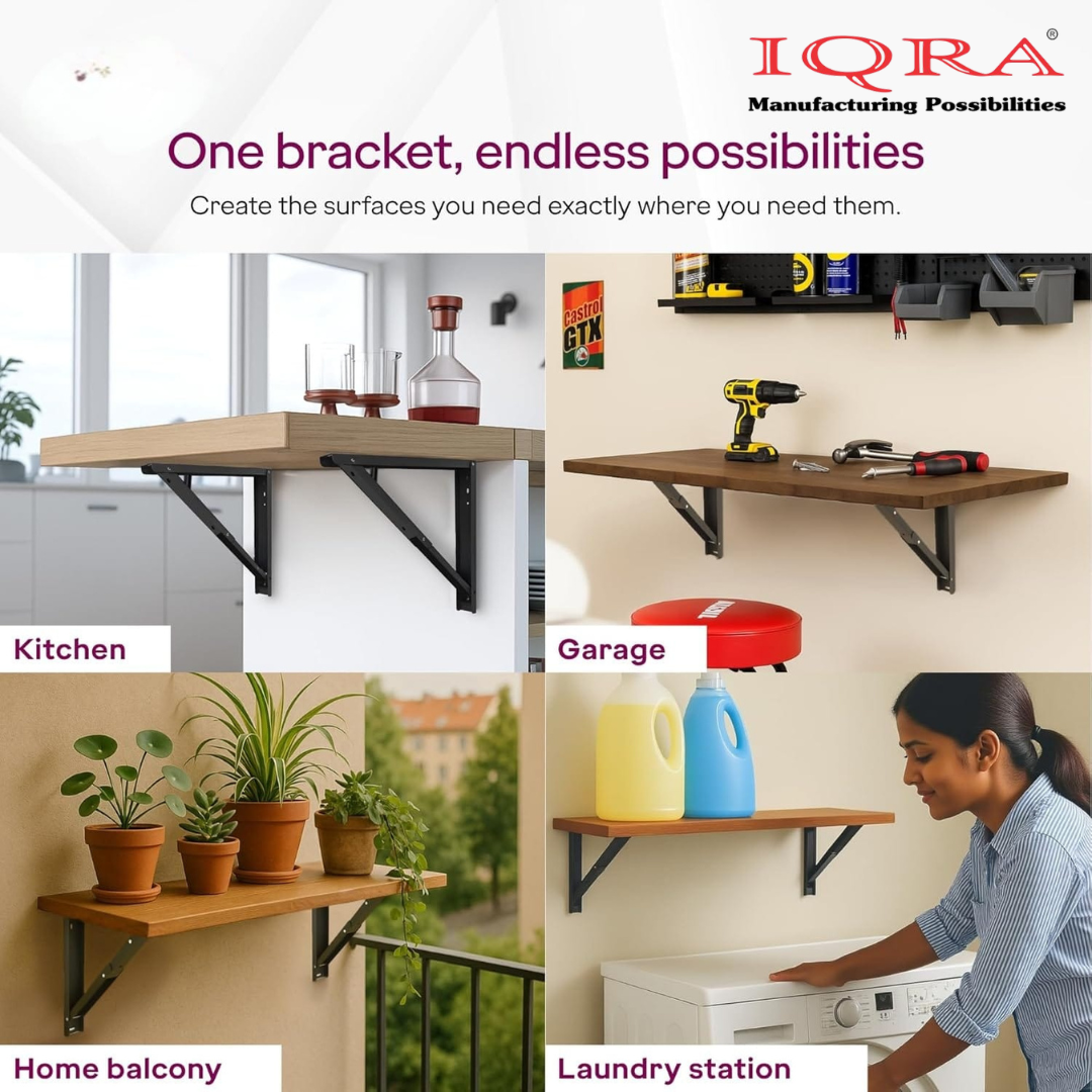 IQRA Wall Mount Folding Table/Shelf Brackets (100kg Capacity, 2 Units) ||Steel Fold-Down Bracket for Wall Mounted Tables, Desk with 1 Year Warranty