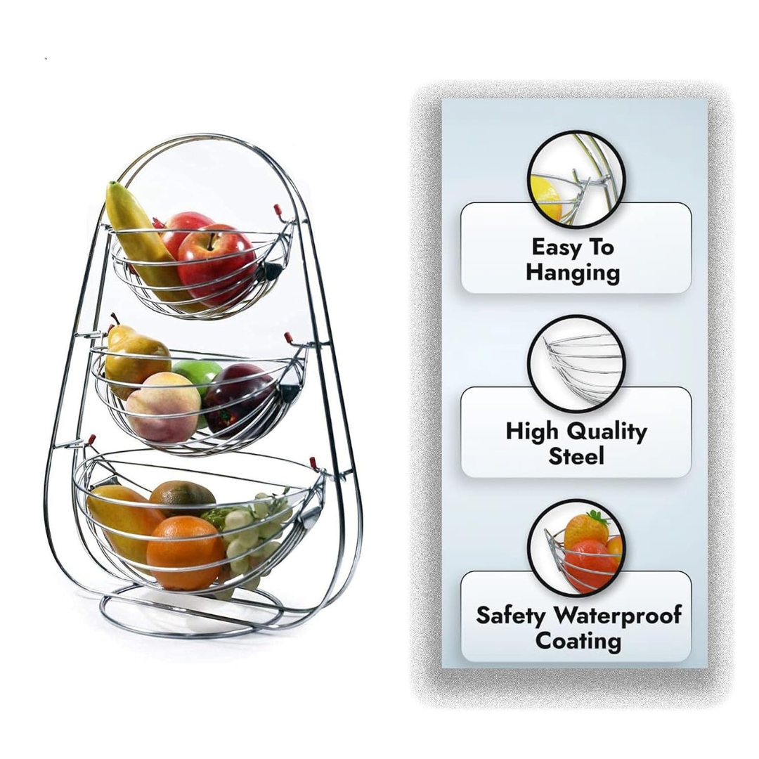 IQRA Stainless Steel 2 Tier Oval Swing Fruit and Vegetable Basket | Countertop Onion Potato Rack for Kitchen/Pantry | Fruit Basket for Dining Table | Vegetable Storage Stand | Silver