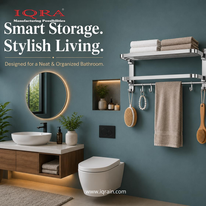 IQRA Stainless Steel Bathroom Accessories Set - Wall Mounted Towel Rod and Hangers for Clothes and Wash Basin