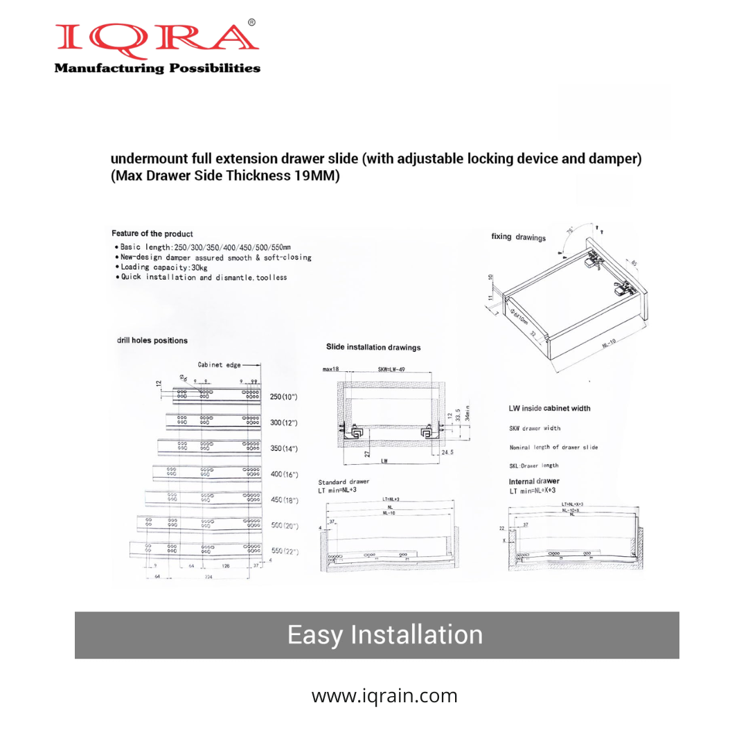 IQRA Undermount Drawer Slide Runner Bottom Quadro Channel, Silent Soft Closing Hydraulic with Locking Device (Capacity: 40 kg)