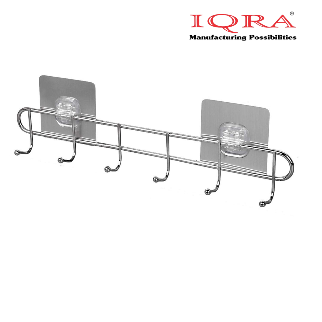 IQRA Stainless Steel Bathroom Wall Hook 6 Hooks Cloth Hanger Bathroom Wall Door Hook Magic Sticker Self Adhesive for Towel Rail Kitchen Hanger Capacity-5 Kg, Silver