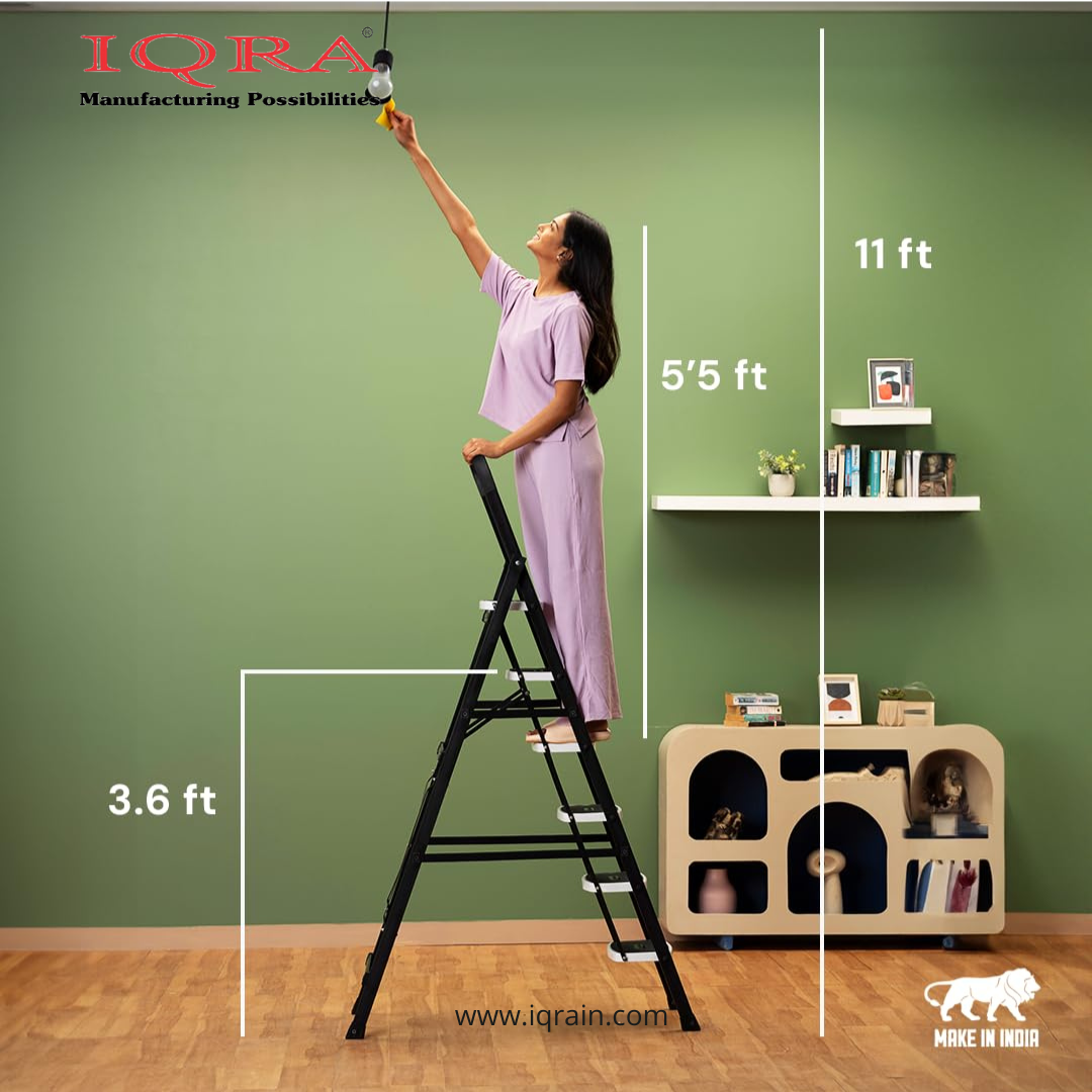 Ladder for Home-Office-Showroom Foldable Ladder with Anti-Skid Wide Steps (30L x 20W cm)/Strong D-Shape Pipe with X-Support for More Stability/5 Year Warranty(Black)