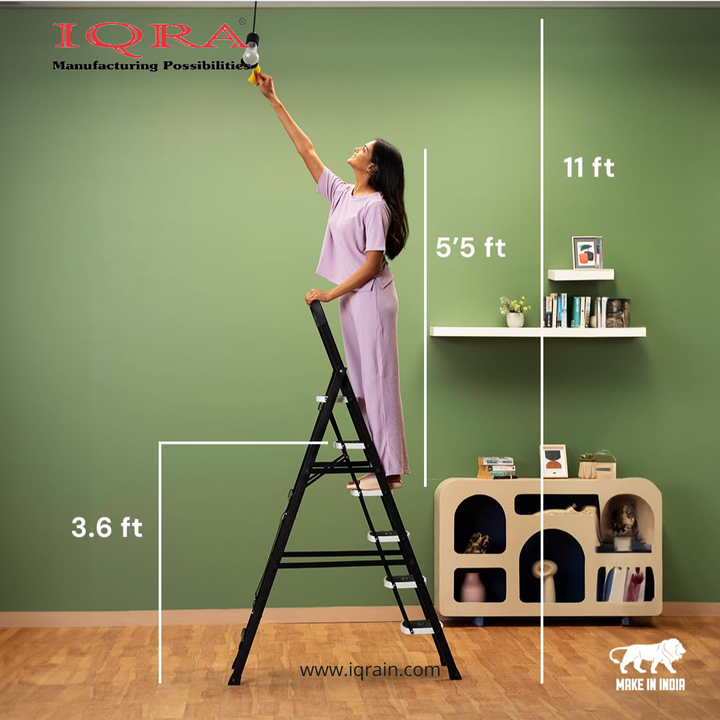 Ladder for Home-Office-Showroom Foldable Ladder with Anti-Skid Wide Steps (30L x 20W cm)/Strong D-Shape Pipe with X-Support for More Stability/5 Year Warranty(Black)