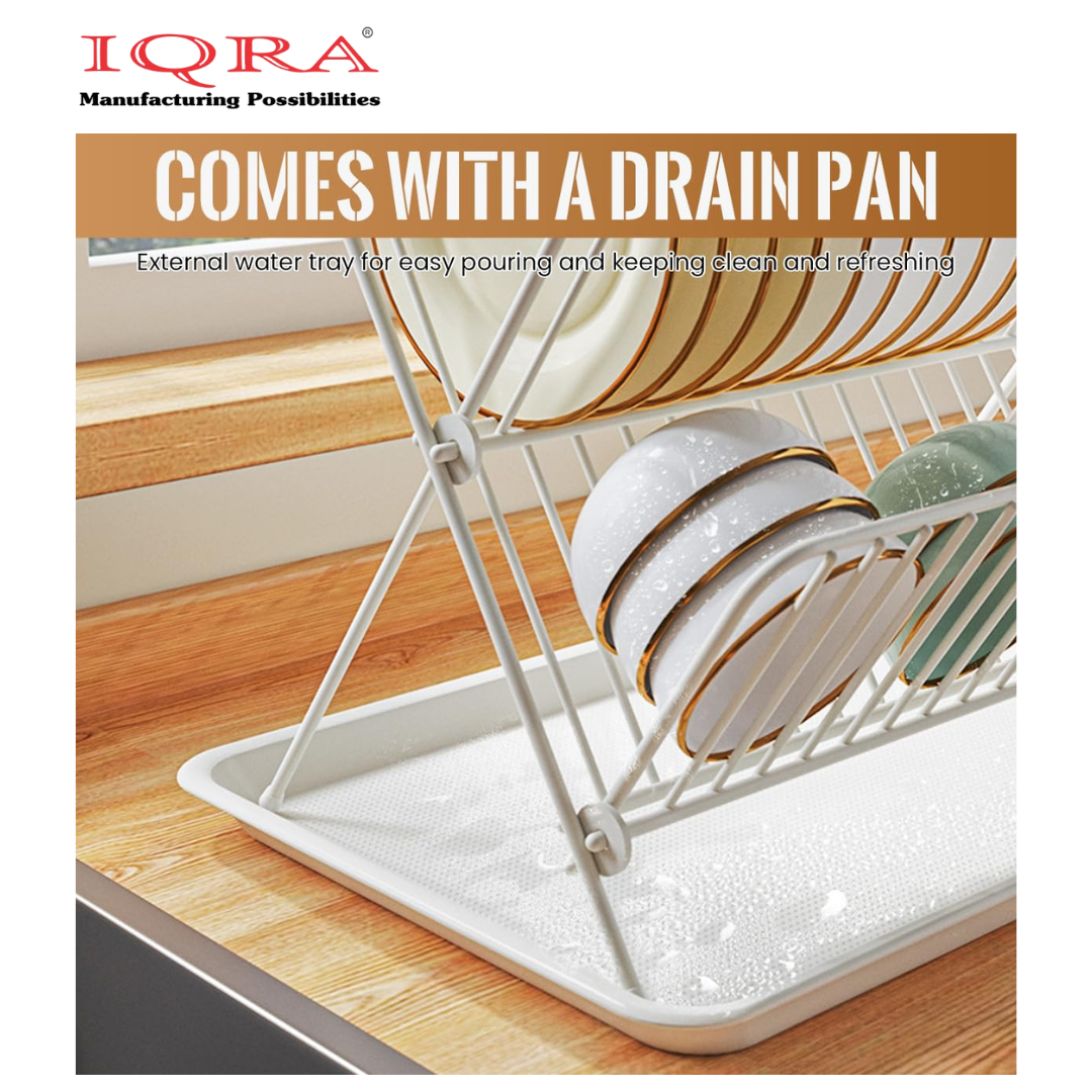 IQRA Stainless Steel 2 Tier Dish Drainer Rack, L X-Shaped Kitchen Shelf with Large Capacity for Kitchen Sink, Countertop, Cutlery, Plates(Silver)