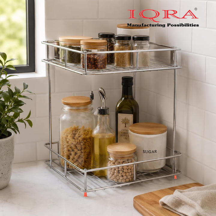 IQRA 2 Tier Stainless Steel Kitchen Organizer Rack, Wall Mounted Spice Rack & Countertop Storage Shelf for Kitchen, Bathroom & Pantry, Multipurpose Storage Stand for Jars, Oil Bottles & Utensils