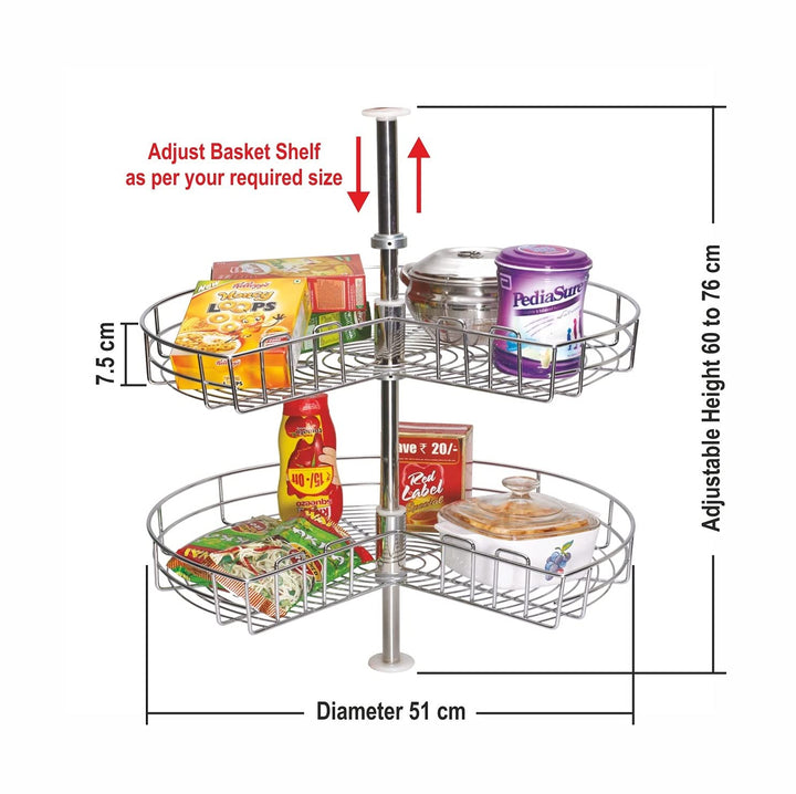 IQRA Stainless Steel 2 Shelf Kitchen Corner Cabinet Organizer/Modular Kitchen Basket/Multifunctional Storage Rack/Adjustable Height Kitchen Carousel Unit