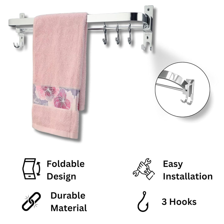 IQRA 24 Inch Wall Mounted Stainless Steel Bathroom Towel Hanger - Space-Saving - Durable Bathroom Accessories and Fittings - Easy Installation- (24 Inch, Chrome, Foldable)