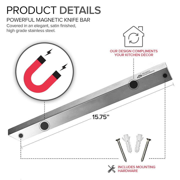 IQRA Innovations Stainless Steel Magnetic Knife Bar with Multi-Purpose Functionality as a Knife Holder, Knife Strip, Magnetic Tool Organizer, Art Supply Organizer & Home Organizer
