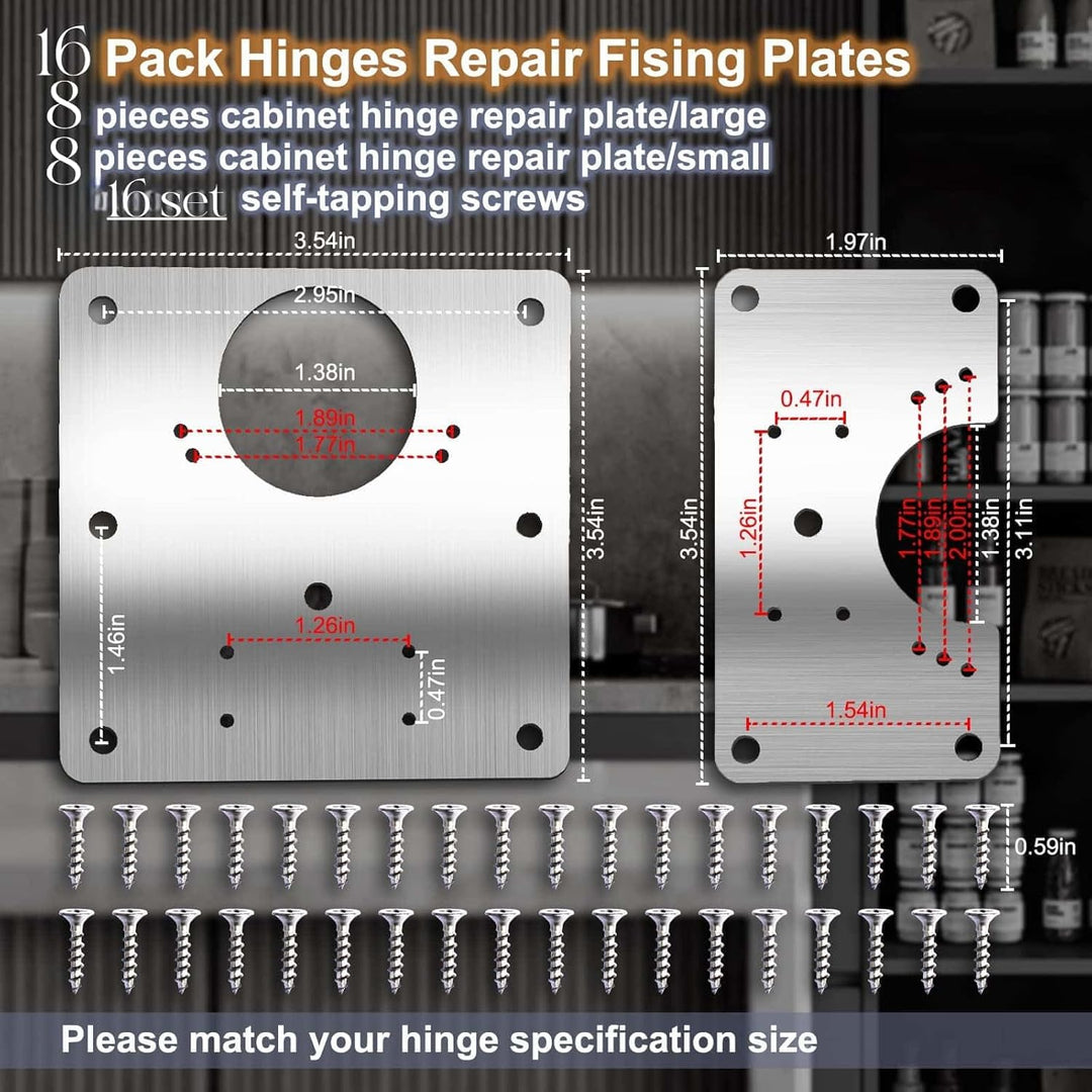 IQRA 16 PCS Cabinet Hinge Repair Plate, Stainless Steel Hinge Repair Board, Kitchen Cupboard Door Hinge Repair Brackets Kit, Hinges Fixing Plate Bracket Kit with Mounting Screw