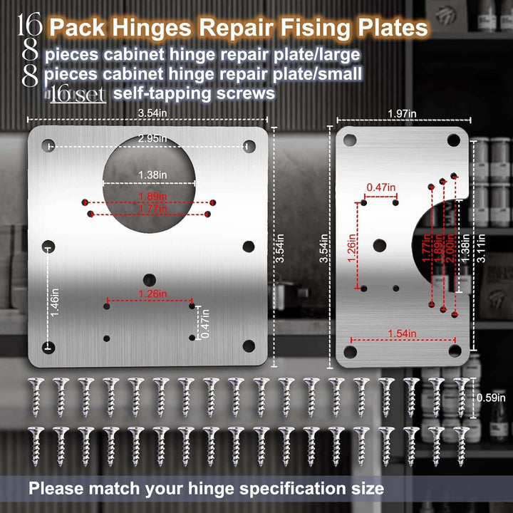 IQRA 16 PCS Cabinet Hinge Repair Plate, Stainless Steel Hinge Repair Board, Kitchen Cupboard Door Hinge Repair Brackets Kit, Hinges Fixing Plate Bracket Kit with Mounting Screw
