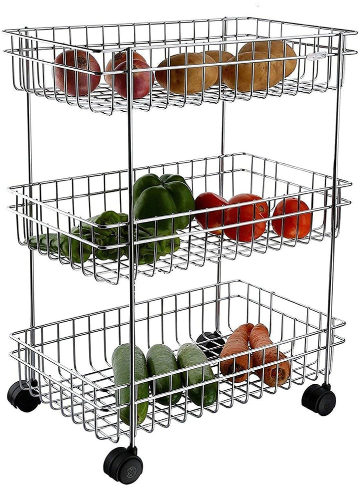 IQRA Multipurpose Stainless Steel Portable Kitchen Trolley Storage Rack with Wheels for Kitchen Storage, Vegetable