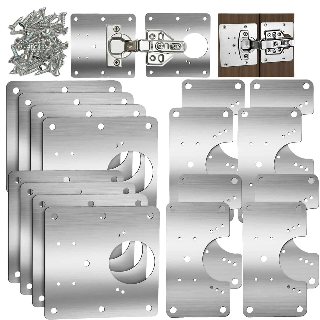 IQRA 16 PCS Cabinet Hinge Repair Plate, Stainless Steel Hinge Repair Board, Kitchen Cupboard Door Hinge Repair Brackets Kit, Hinges Fixing Plate Bracket Kit with Mounting Screw