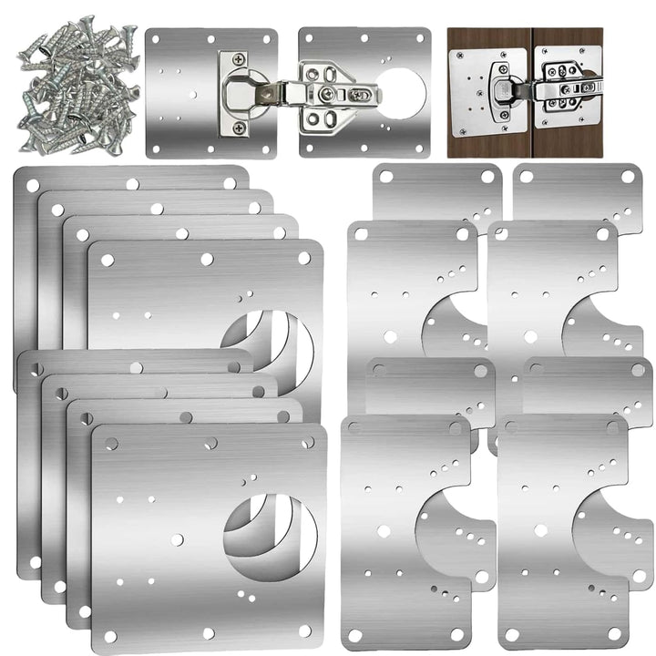 IQRA 16 PCS Cabinet Hinge Repair Plate, Stainless Steel Hinge Repair Board, Kitchen Cupboard Door Hinge Repair Brackets Kit, Hinges Fixing Plate Bracket Kit with Mounting Screw