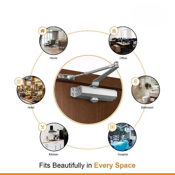 Automatic Hydraulic Door Closer – Premium Heavy Duty Aluminium Body, Double Speed Adjustable, 45–50kg Load Capacity, for Home, Office & Commercial Doors (Silver, No Oil Leakage)
