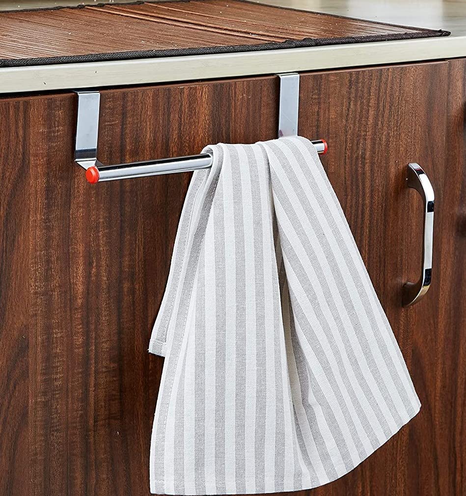 IQRA Over Cabinet Door Kitchen Towel Holder, Stainless Steel Towel Holder, Cabinet Hanger, Towel Bar (Length : 23 cm) (Silver-Red, Pack of 1)