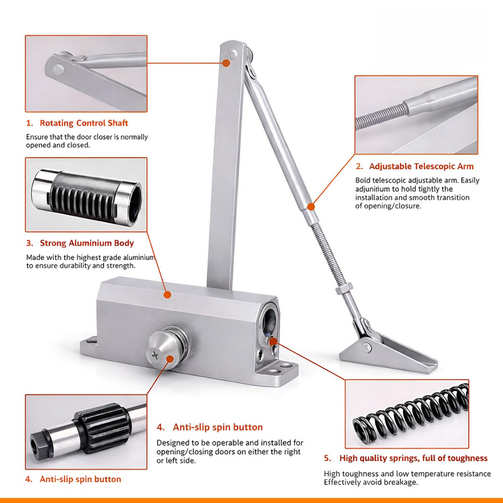 Automatic Hydraulic Door Closer – Premium Heavy Duty Aluminium Body, Double Speed Adjustable, 45–50kg Load Capacity, for Home, Office & Commercial Doors (Silver, No Oil Leakage)