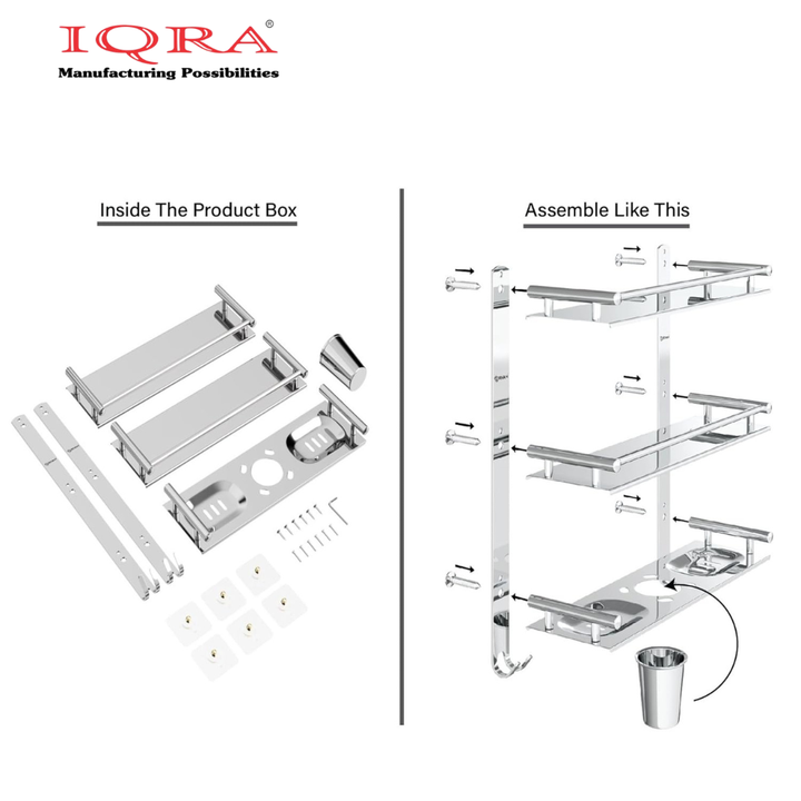 IQRA Stainless Steel 3 Layer/3 Tier Multipurpose Bathroom Shelf/Rack/Organizer/Stand/Holder with Double Soap Dish and Toothbrush Holder Tumbler Bathroom Accessories