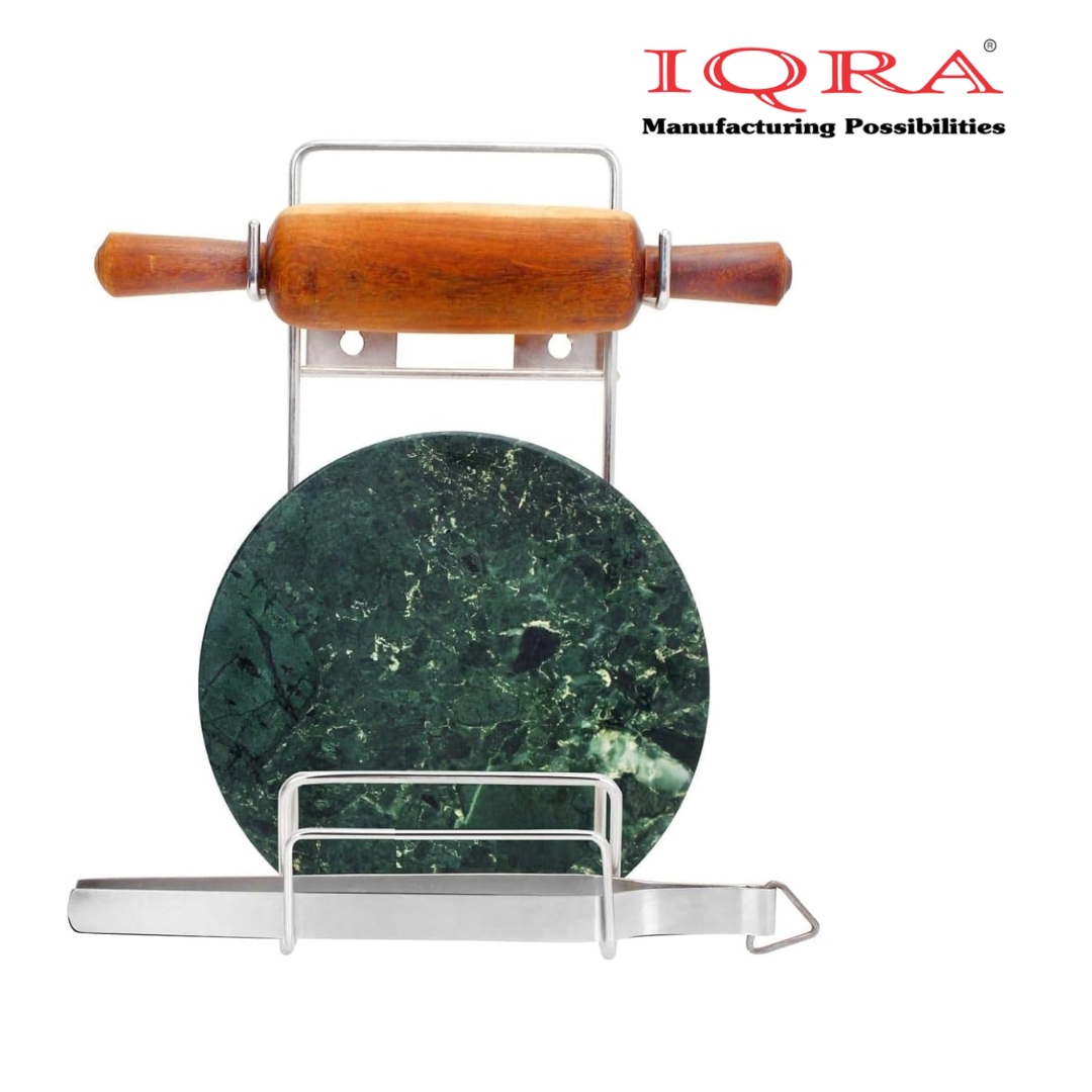 IQRA Stainless Steel Countertop-Wall Mounted Chakla Belan and Tawa Stand for kitchen, Tawa Chimta Stand 4 in 1 Chakla Belan Stand for Kitchen,