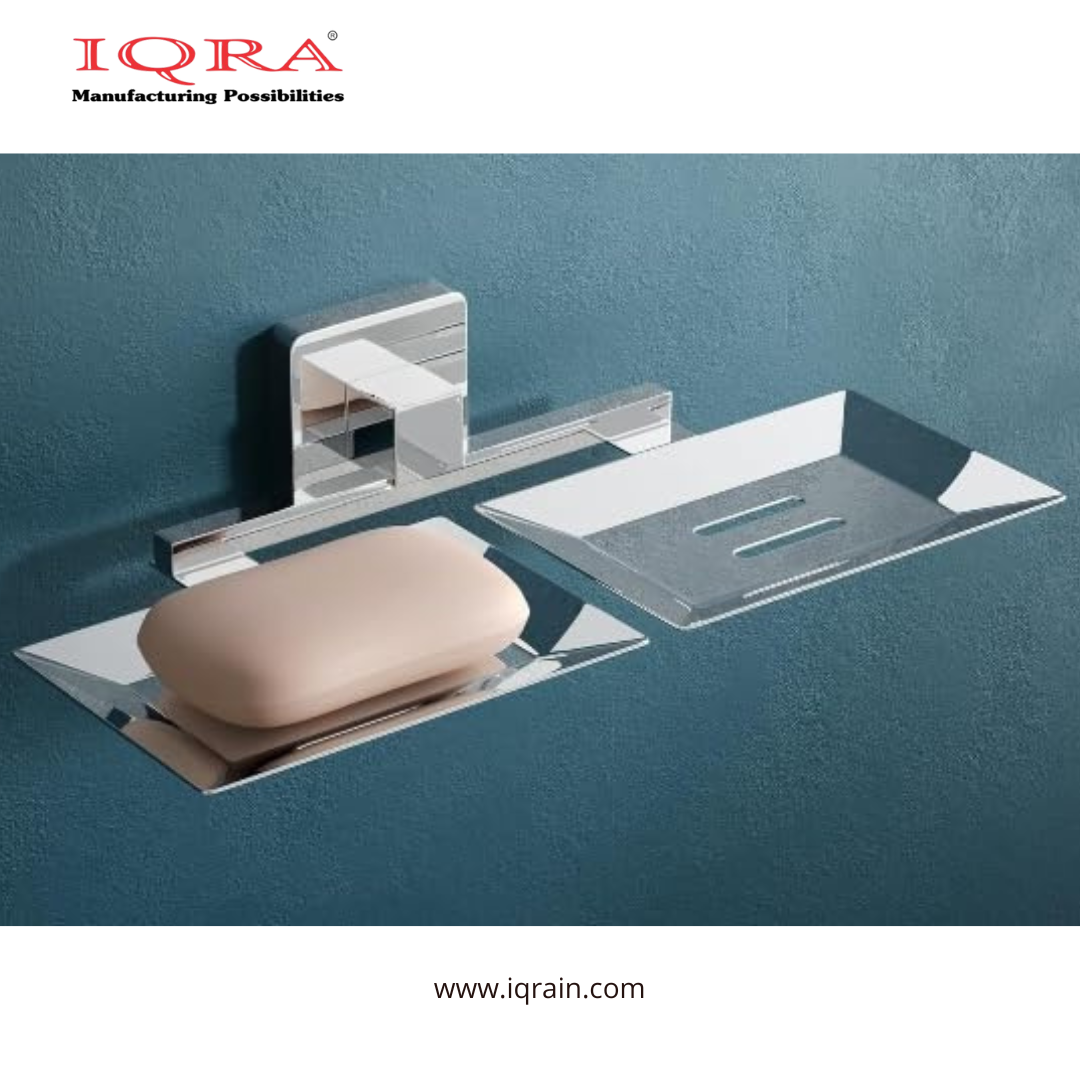 IQRA Stainless Steel Wall Mounted Soap Dish for Bathroom and Kitchen | Rustproof Chrome Finish Soap Holder Case with Drain Holes | Square Modern Soap Stand Bracket (Square