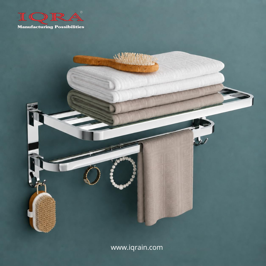 IQRA Stainless Steel Bathroom Accessories Set - Wall Mounted Towel Rod and Hangers for Clothes and Wash Basin