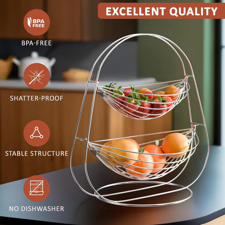 IQRA Stainless Steel 2 Tier Oval Swing Fruit and Vegetable Basket | Countertop Onion Potato Rack for Kitchen/Pantry | Fruit Basket for Dining Table | Vegetable Storage Stand | Silver