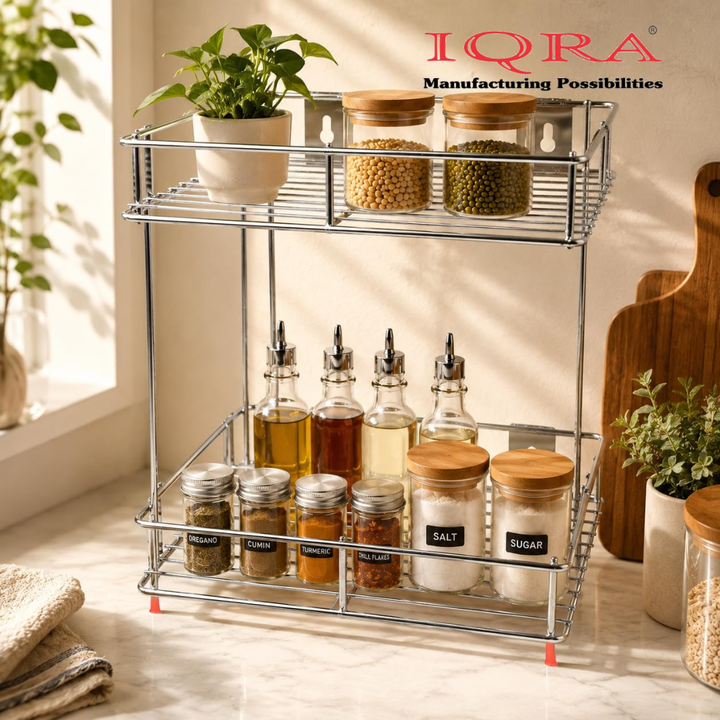 IQRA 2 Tier Stainless Steel Kitchen Organizer Rack, Wall Mounted Spice Rack & Countertop Storage Shelf for Kitchen, Bathroom & Pantry, Multipurpose Storage Stand for Jars, Oil Bottles & Utensils