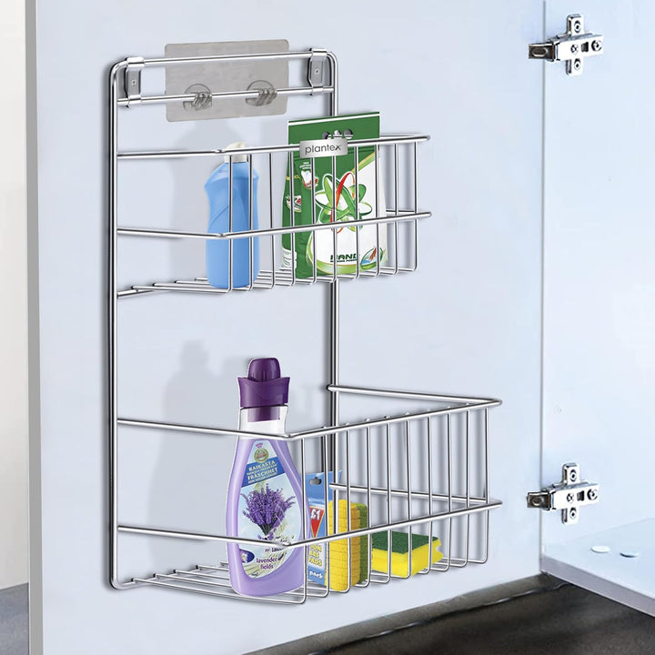 IQRA Multipurpose Storage Shelf/Stainless Steel Big Bathroom Detergent Holder/Bathroom Shelf/Under The Sink Detergent Holder (Chrome)