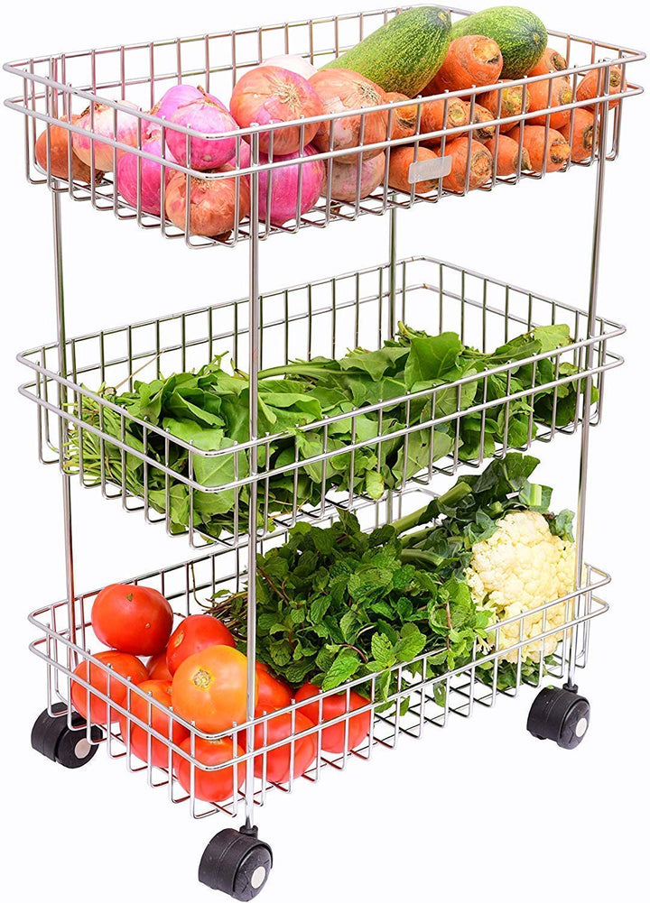 IQRA Multipurpose Stainless Steel Portable Kitchen Trolley Storage Rack with Wheels for Kitchen Storage, Vegetable