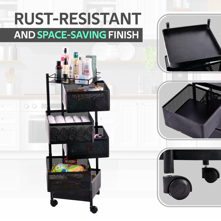 IQRA Kitchen Trolley with Wheels, Kitchen Organizer Items and Storage Solutions for Square Kitchen Organizer and Kitchen Accessories Items (Black,Layer 5)