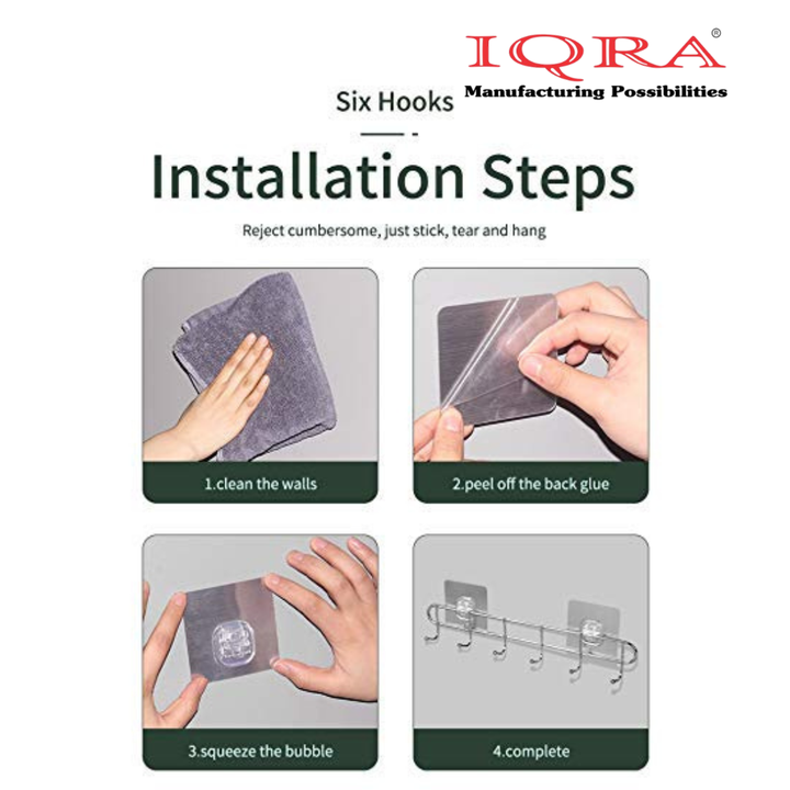 IQRA Stainless Steel Bathroom Wall Hook 6 Hooks Cloth Hanger Bathroom Wall Door Hook Magic Sticker Self Adhesive for Towel Rail Kitchen Hanger Capacity-5 Kg, Silver