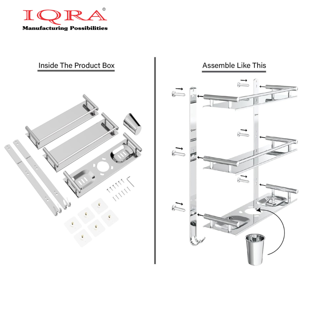 IQRA Stainless Steel 3 Layer/3 Tier Multipurpose Bathroom Shelf/Rack/Organizer/Stand/Holder with Double Soap Dish and Toothbrush Holder Tumbler Bathroom Accessories