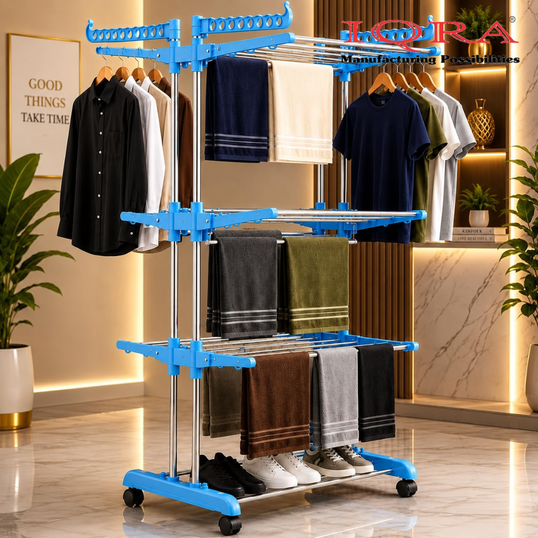 Clothes Drying Stand for Balcony/Cloth Dryer Stand/Cloth Stand for Drying Clothes Foldable/MS Pipe Clothes Hanging Stand/Portable Cloth Rack for Indoor (3 Layer