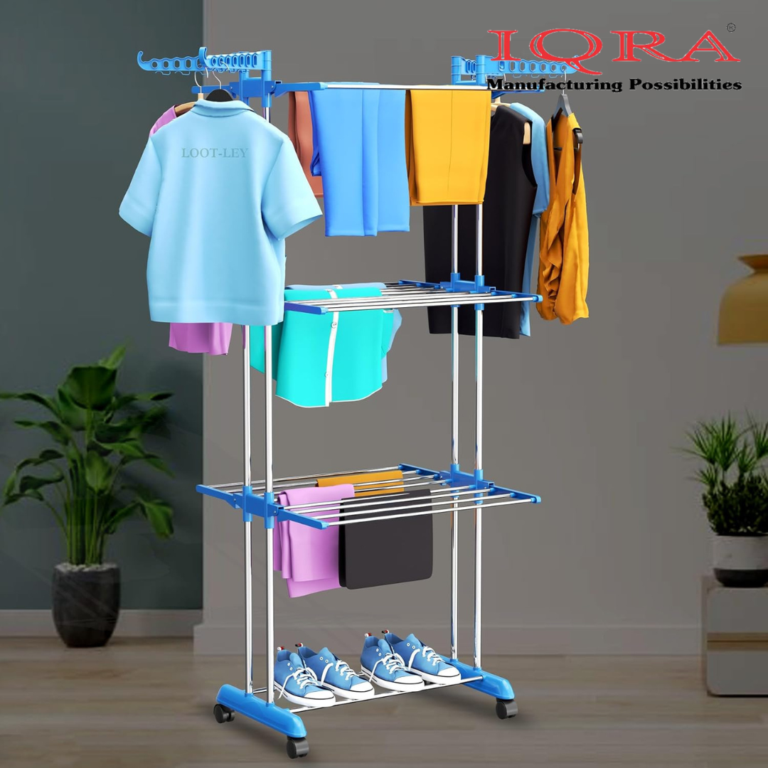 Clothes Drying Stand for Balcony/Cloth Dryer Stand/Cloth Stand for Drying Clothes Foldable/MS Pipe Clothes Hanging Stand/Portable Cloth Rack for Indoor (3 Layer