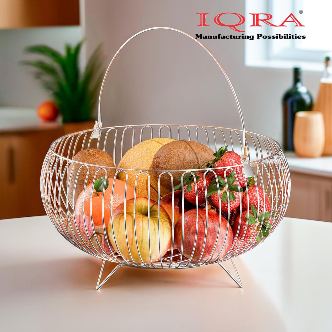 IQRA Stainless Steel Fruit Basket for Dining Table/Onion Potato Rack for Kitchen/Wired Fruit Bowl for Countertop Storage – Chrome Finish