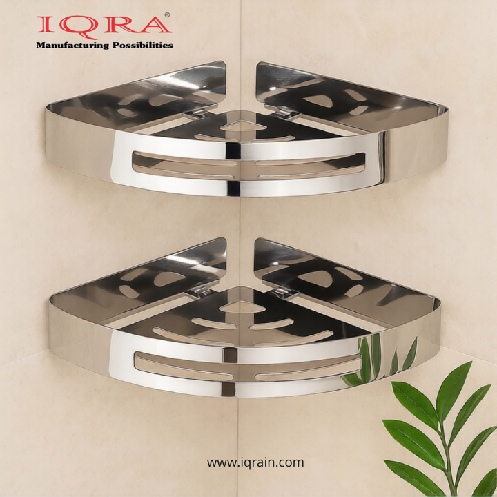 IQRA self Adhesive 304 Grade Bathroom Corner Shelf (Stainless Steel),Rack,Corner Organizer Stand, Storage Rack,No Drill/Drill (Both Installation,with 2 Magic Sticker and Screw Set) Pack of 1 (Chrome)