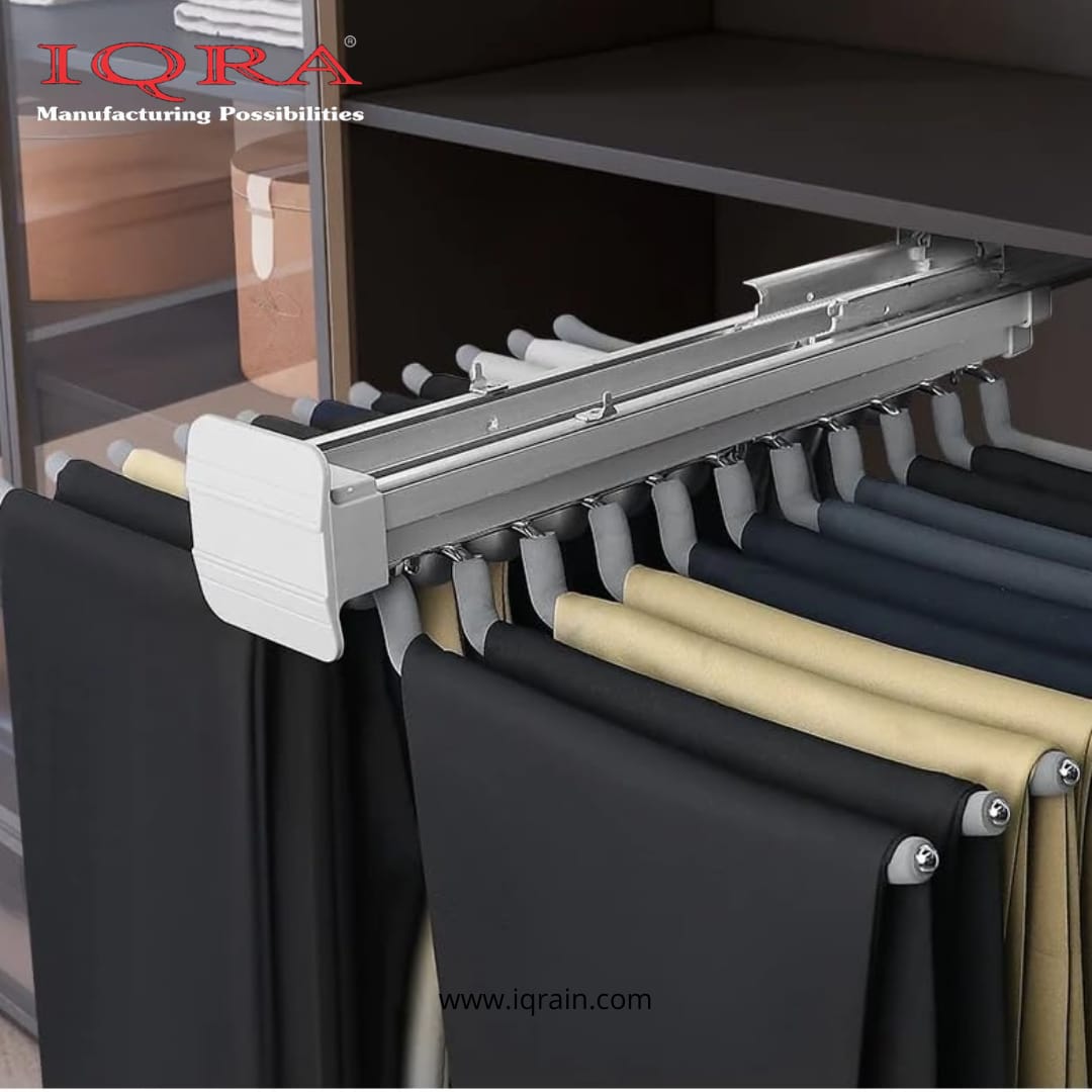 IQRA Grey 18inch Double Side Sliding Pull Out Pants Hangers Rack for Closet Wardrobe & Cabinet - Steel 10 Arm Wide Rows Trousers Pants Hanger,Space Saving Organizer, Clothe Hanger,Multipurpose Hanger(Brown-Pack of 1)